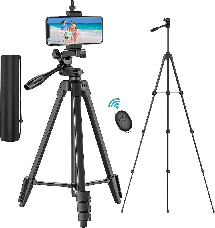 Photo 1 of 54" Phone Tripod Stand Extendable, Lightweight Aluminum Tripod for iPhone with Remote, Phone Holder for Live Stream & Selfies, Video Recording, Compatible with Phone/GoPro/Digital Cameras
