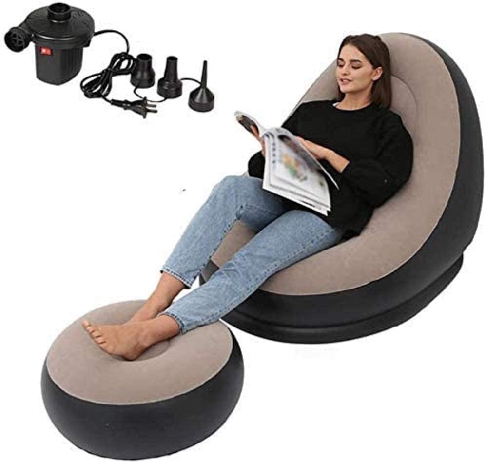 Photo 1 of 2-IN-1 Grey/Black Lounge Sofa Bed Set, Folding Portable Inflatable Lazy Flocking Recliner Chair with Footstool and Air Pump - Great for Pop Up Indoor and Outdoor Balcony, Backyard, Camping, Picnic, RV
