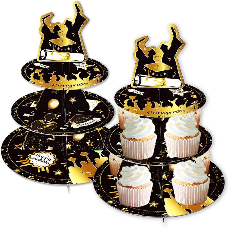 Photo 1 of 2Pcs 2022 Graduation Cupcake Stands, Black Gold 3-Tier Round Cardboard Dessert Stand/Tower, Graduation Season Themed Party Decor Supplies
