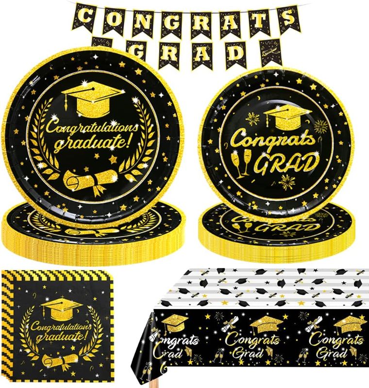 Photo 1 of 202PCS Graduation Plates and Napkins Party Supplies 2022, Severs 50 Black and Gold Graduation Party Decorations Tableware with Dinner and Dessert Plates,Tablecloth,Cups,Flag for College High School
