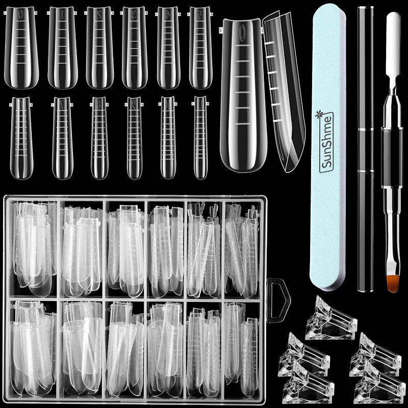 Photo 1 of 120 Pieces Dual Nail Forms Set Gel Nail Mold Extension Forms Coffin Nail Gel Forms for Acrylic UV Nails Clear with 12 Sizes Scale and Nail Clips Gel Brush Pen 600/3000 Grit Nail Buffer