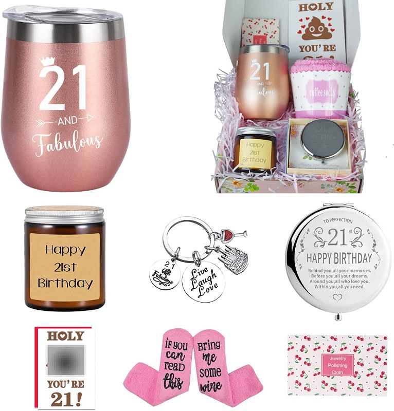 Photo 1 of 21st Birthday Gifts For Her, Happy 21st Birthday Decorations for Women, Friend, Sister | Unique Finally 21 Gift Basket Funny Gift Ideas Mirror Socks For 21 Year Old