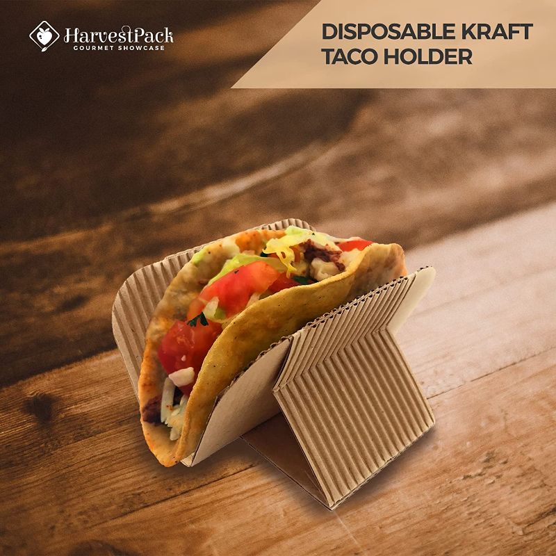 Photo 1 of [50 COUNT] HARVEST PACK Disposable Kraft Taco Holder Stand, Serving Rack for Hot Dogs Waffle Sandwiches Shawarmas Gyros Pita Wraps