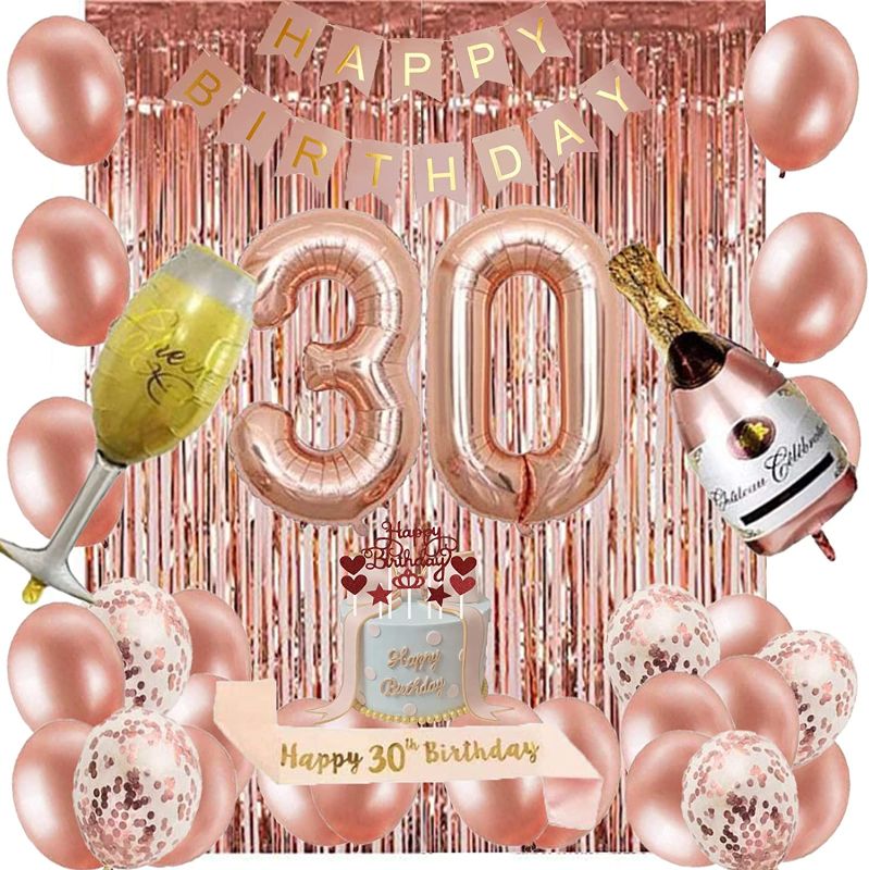 Photo 1 of 30th Birthday Decorations for Women - Rose Gold 30 Birthday Decor for Her?Happy Bday Banner Kits, Rosegold Balloons, Cake Topper, Foil Balloons and Sash for Girls Women Thirty Birthday Party Supplies