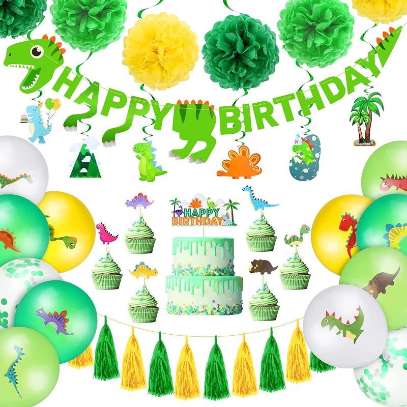 Photo 1 of 34 Pack Dinosaur Birthday Party Supplies Set Dinosaur Party Birthday Decorations Include Dinosaurs Balloons Cake Topper Happy Birthday Banner Spiral Tag Paper Balls Tassels for Kids Birthday