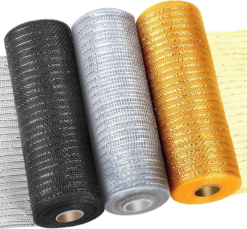 Photo 1 of 3 Roll Graduation Mesh Ribbon for Wreath Poly Burlap Mesh 10 Inch Deco Mesh Wreath Supplies Metallic Mesh Ribbon for Swags and Decoration (Black, Silver, Gold)
