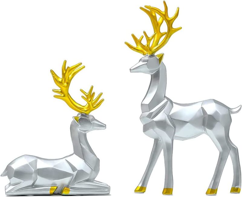 Photo 1 of 2PCS Geometric Elk Statues, Nordic Style Elk Home Decor,Abstract Elk Sculptures for Decorating Offices&Living Rooms,Resin Material (Sliver)
