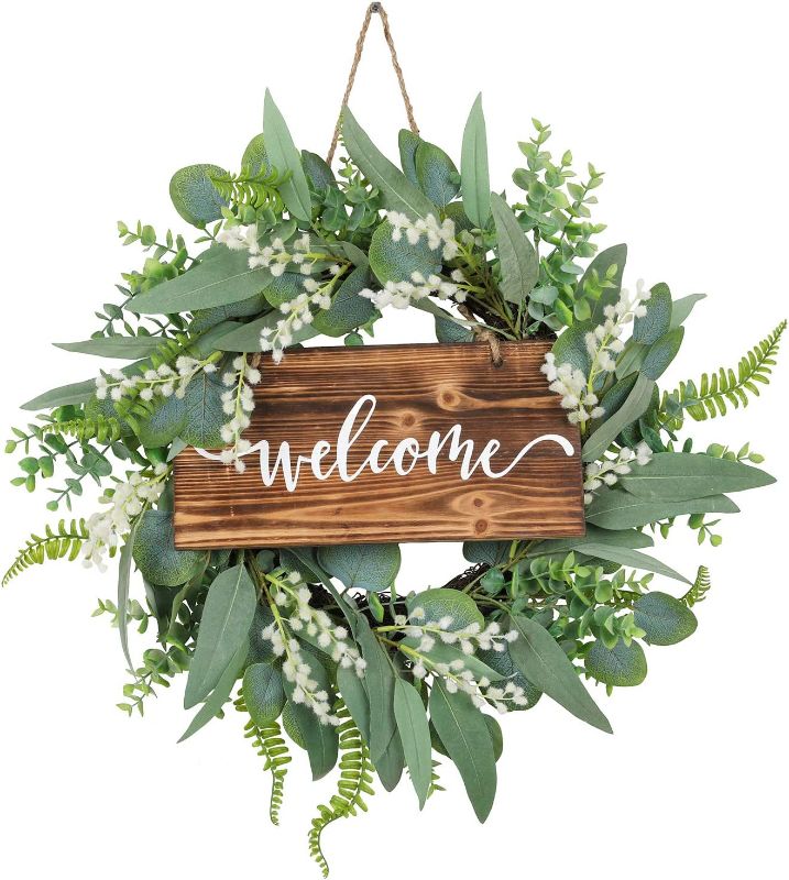 Photo 1 of 20 Inch Green Eucalyptus Wreath for Front Door- Handicraft Bamboo Frame with Versatile Silk Leaves - Ideal Spring & Summer Decorating for Indoor & Outdoor Use (White)
