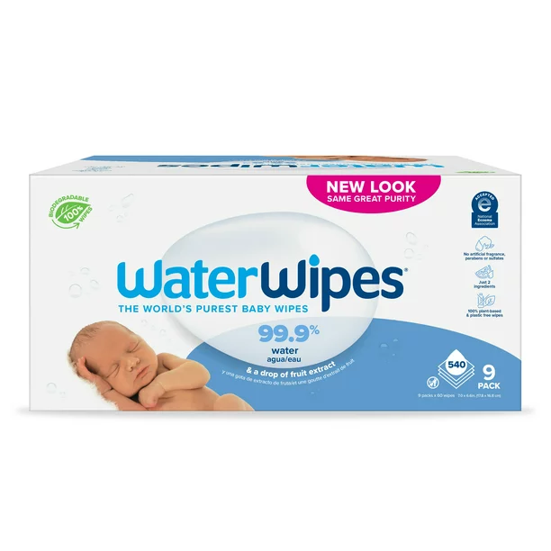 Photo 1 of WaterWipes Biodegradable Baby Wipes, Unscented & Hypoallergenic for Sensitive Skin, 9 Packs (540 Total Wipes)
