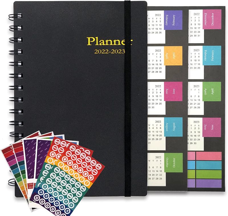 Photo 1 of A5 2022 Planner - Weekly & Monthly Planner with Tabs, Jan 2022 - Jun 2023 18-Month Weekly & Monthly Academic Planner, 8.66"x 6.29",Flexible Cover, Strong Twin-Wire Binding (Black)
