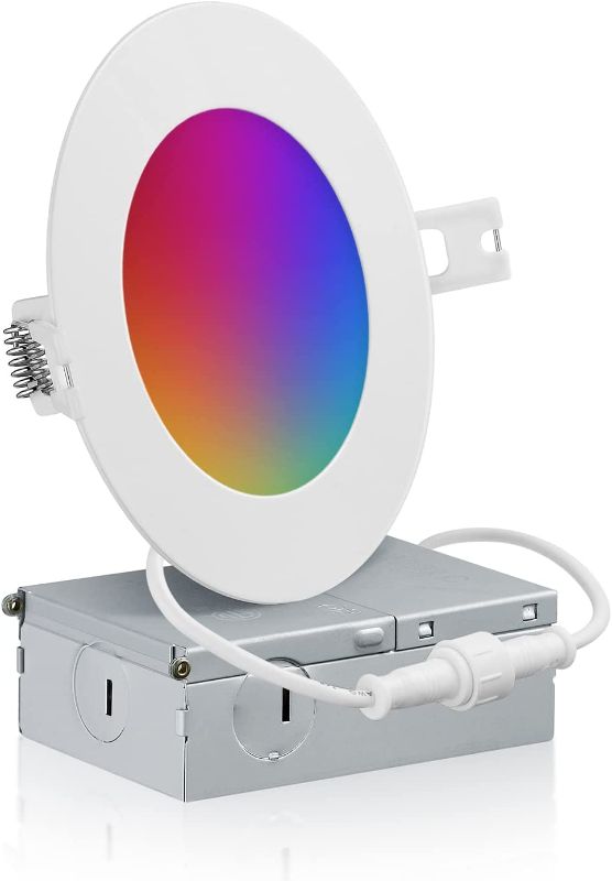 Photo 1 of QPLUS Smart 4 Inch Recessed LED Down Lights with Junction Box, Tunable White (2700K to 6500K) and RGB, 16 Million Colors, Compatible with Alexa, Google and Tuya App - No Hub Required (1 Pack)
