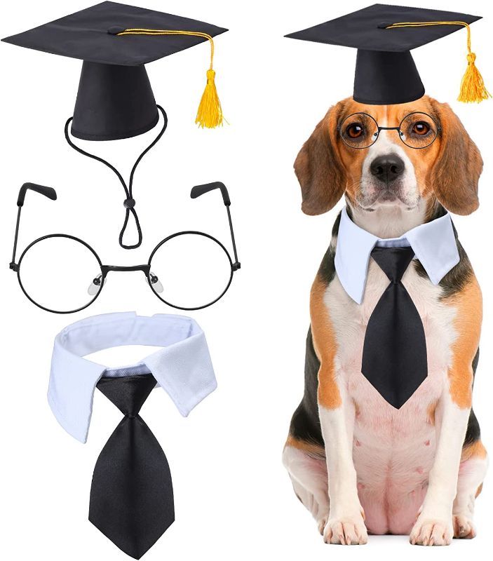Photo 1 of Yewong 3 Pieces Pet Graduation Caps Black Dog Graduation Hats with Necktie Collar Costume Glasses for Dogs Cats Graduation Party Dress Costume Accessory (Necktie Collar Set), SIZE S