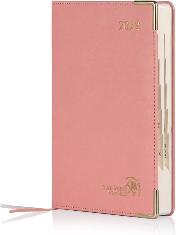 Photo 1 of POPRUN Daily Planner 2022 One Page per Day with Vegan Leather Hardcover - Agenda 2022 Hourly Appointment Book with Monthly Tabs, Inner Pocket, 5.5" x 8.5", Pink