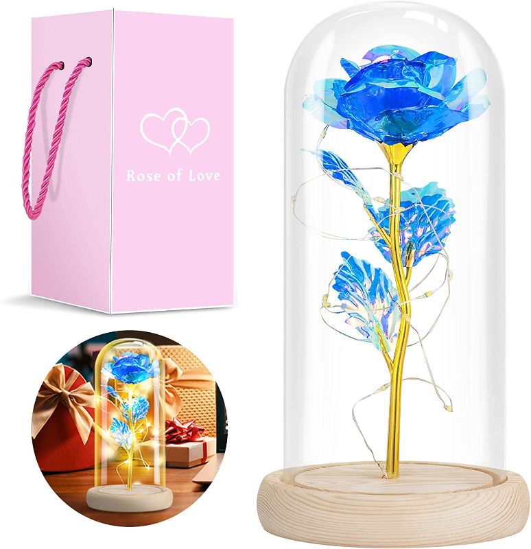 Photo 1 of Blue Rose Gifts for Her, Gifts for Mom from Daughter, Forever Light Up Rose Flowers Gift Roses in Glass Dome, Mothers Day, Valentines, Anniversary, Wedding, Gifts Idea for Mom, Girlfriend, Wife, Kids