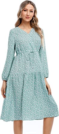 Photo 1 of Joyours Womens Casual Dress Summer Plus Size V Neck Floral Dress Loose Boho Midi Dresses A Line Long Sleeve Dress Aqua, SIZE XL 