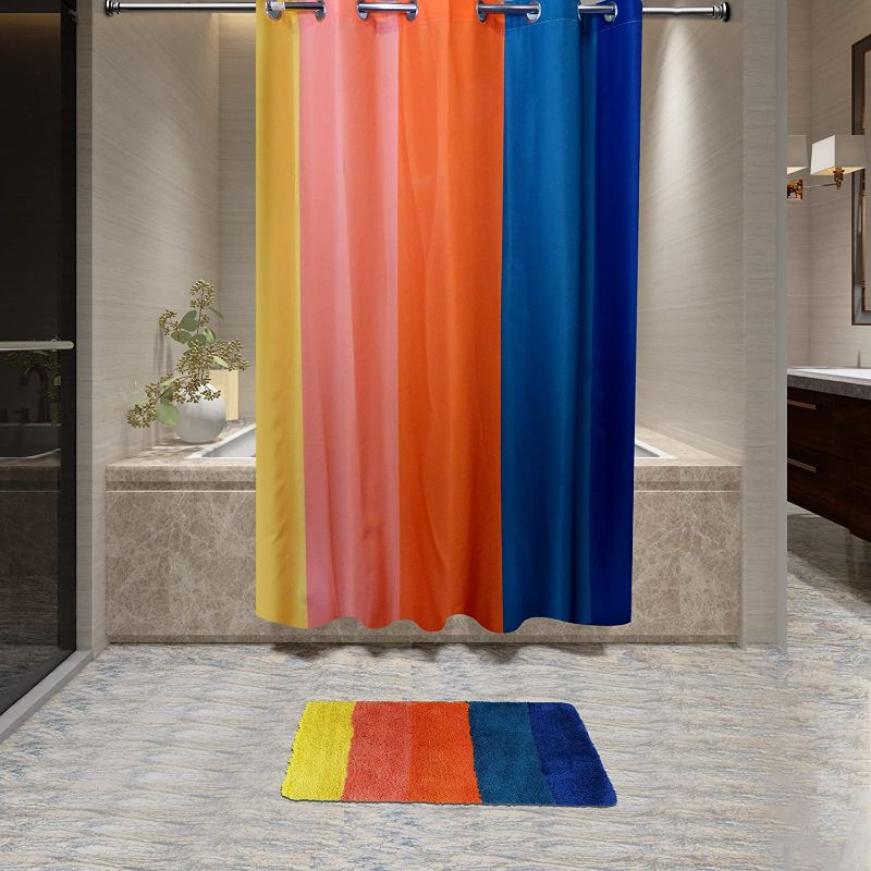 Photo 1 of BC Creation 3 PCs Rainbow Shower Curtain Set |Toilet Lid Cover| Bath Mat, No-Hooks Needed, Kids Shower Curtain Set, Non-Slip Rugs, Bathroom Decor Set, Colorful Shower Curtain, Colorful Fabric