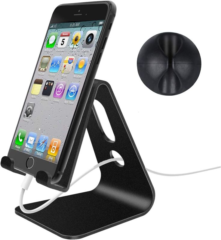 Photo 1 of LLSME Cable Clip Holder and Cell Phone Stand, Phone Holder, Cradle, Dock, Aluminum Desktop Stand Compatible with All Mobile Phone, iPhone, iPad Air/Mini - Black