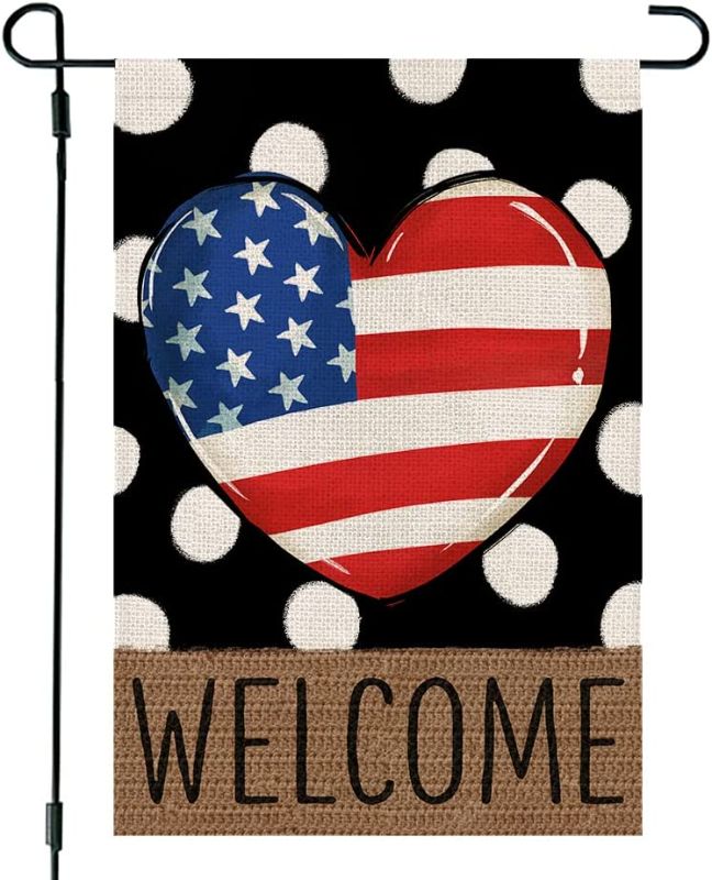 Photo 1 of 4th of July Patrioctic American Heart Garden Flag 12x18 Inch Double Sided Polka Dots Welcome Blue Red Memorial Independence Day Outside Yard Party Decoration, 2 COUNT