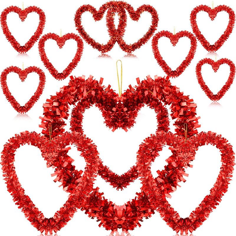 Photo 1 of 9 Pieces Red Valentine Heart Shaped Wreaths Tinsel Heart Shaped Wreaths Red Foil Wreaths for Valentine's Day Wedding Propose Holiday Party Front Door Wall Window Decorations
