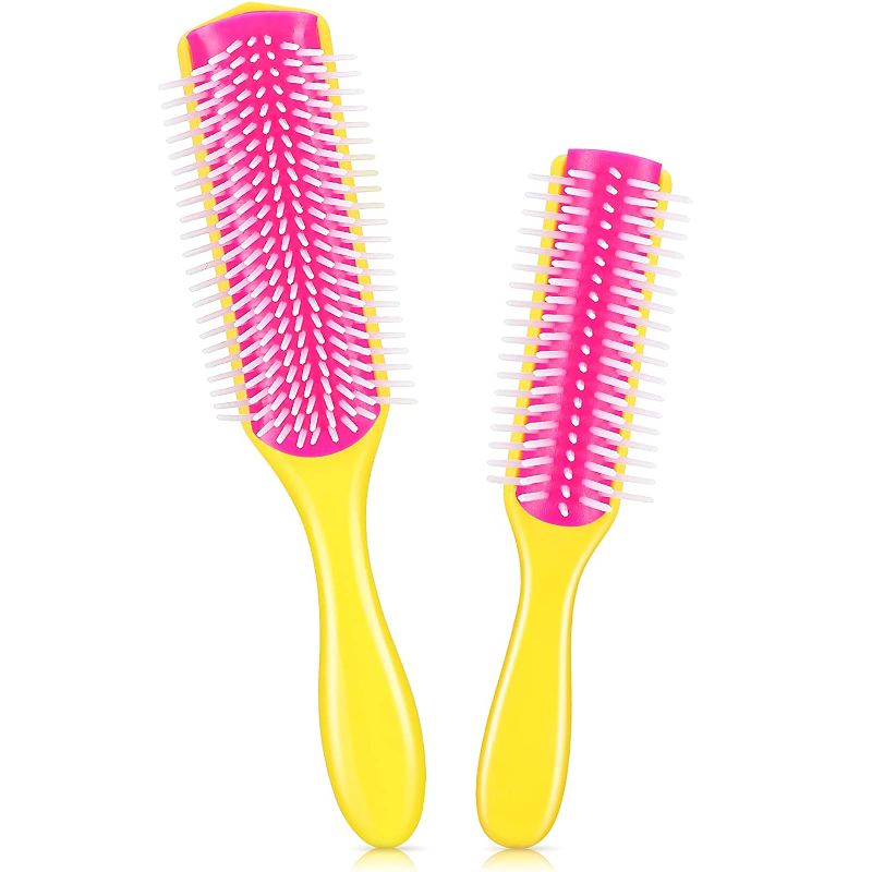 Photo 1 of 2 Pieces 9-Row Cushion Nylon Bristle Styling Brush 9-Row Curly Hair Detangling Brush and 5-Row Travel Hair Brush for Separating, Shaping, Defining Curls, Blow-Drying, Styling (Yellow and Pink)
