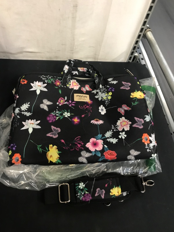 Photo 2 of MOSISO Laptop Shoulder Bag Compatible with MacBook Pro 16 inch 2021 2022 M1 Pro/Max A2485/2019-2020 A2141/Pro 15 A1398, 15-15.6 inch Notebook, Seasons Flowers Polyester Sleeve Case with Belt, Black
