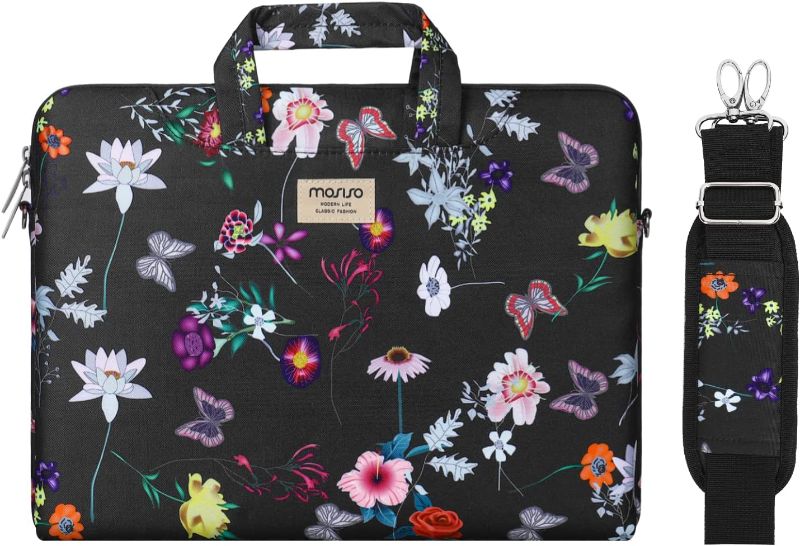 Photo 1 of MOSISO Laptop Shoulder Bag Compatible with MacBook Pro 16 inch 2021 2022 M1 Pro/Max A2485/2019-2020 A2141/Pro 15 A1398, 15-15.6 inch Notebook, Seasons Flowers Polyester Sleeve Case with Belt, Black
