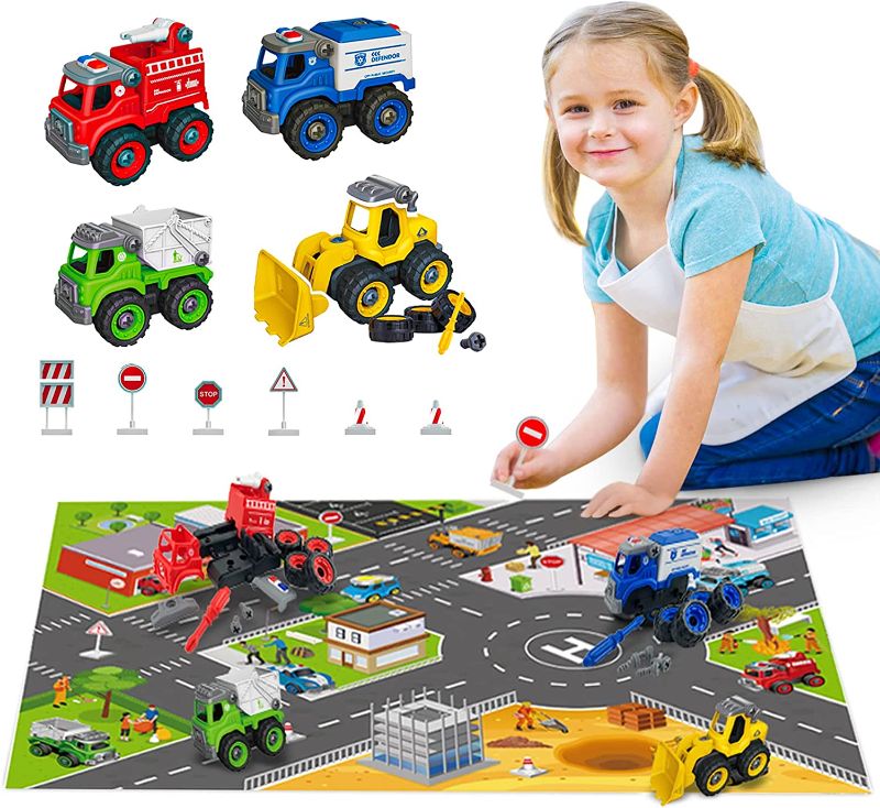 Photo 1 of BerrysParadise Kids Truck Take Apart Trucks with Play Mat Toy Construction Vehicles with 6 Road Signs Toy Car Set Gift Toys for 3 4 5 6 Kids Boys Girls Birthday Christmas
