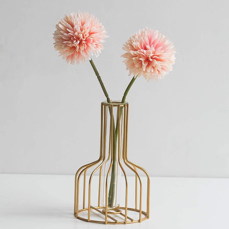 Photo 1 of Artificial Flower with Geometric Metal Vase,Crystal Transparent Inner Vase,Light Gold Color Vase Decoration for Home Office Wedding Holiday Party Gifts (Pink Ping Pong Chrysanthemum)
