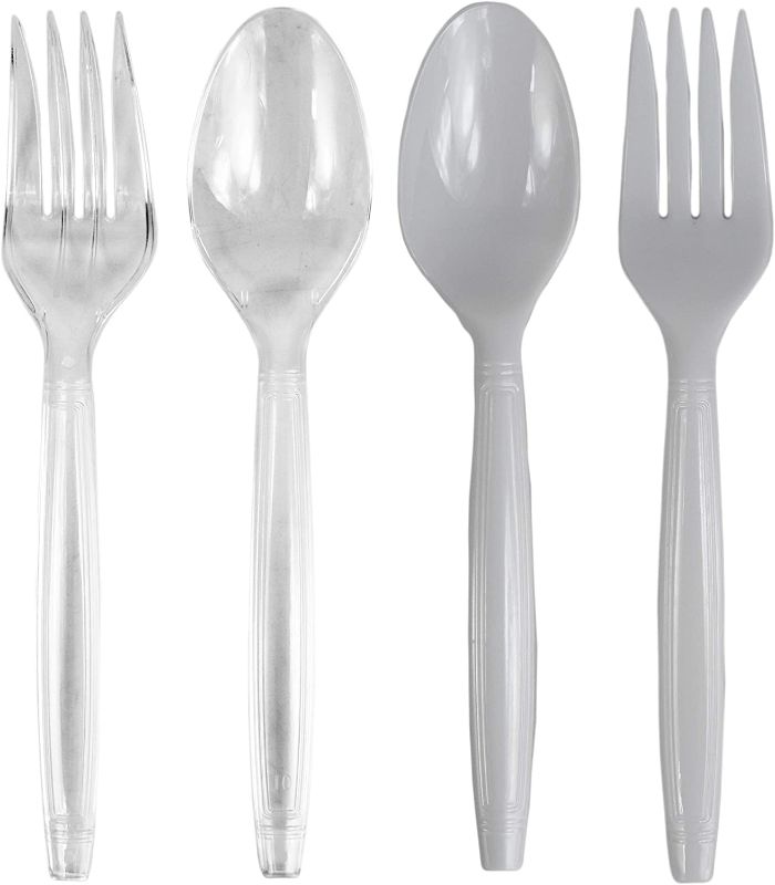 Photo 1 of 2 PACKS OF FORKS AND 2 PACKS OF SPOONS - Disposable - White and Clear - Measures 5.875" Tall (576)
