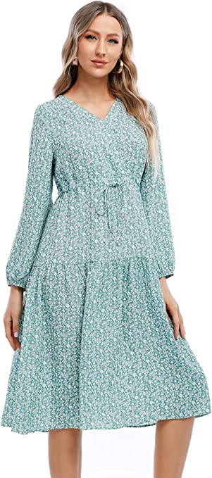 Photo 1 of Joyours Womens Casual Dress Summer Plus Size V Neck Floral Dress Loose Boho Midi Dresses A Line Long Sleeve Dress Aqua
, SIZE XL 