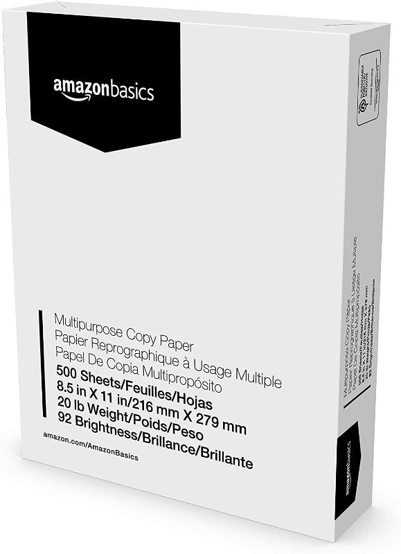 Photo 1 of Amazon Basics Multipurpose Copy Printer Paper, 8.5 x 11 Inch 20Lb Paper - 1 Ream (500 Sheets), 92 GE Bright White
