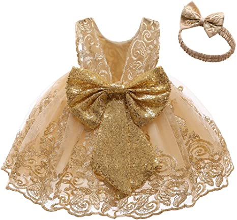 Photo 2 of Big Bowknot Sequins Toddler Baby Girls Embroidered Lace Dresses with Headwear
, SIZE 6-12 MOS 