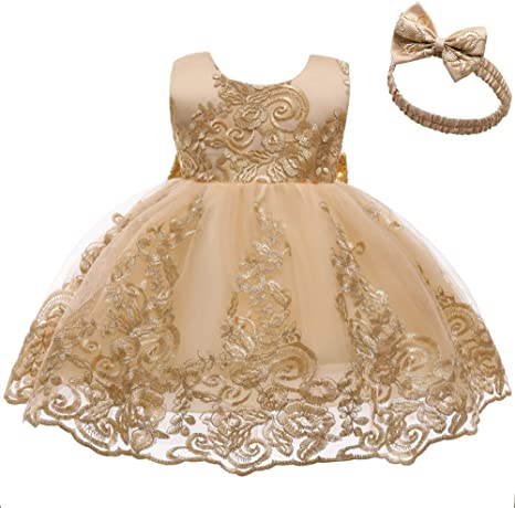 Photo 1 of Big Bowknot Sequins Toddler Baby Girls Embroidered Lace Dresses with Headwear
, SIZE 6-12 MOS 