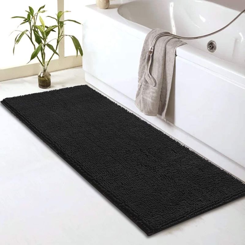 Photo 1 of Bathroom Rug Mat Non Slip Black Bath Runner Rugs for Bathroom Tub and Sink - Fluffy Soft, Ultra Absorbent and Machine Washable Striped Chenille Noodle Bath Rugs for Bathroom (59" x 20", Black)
