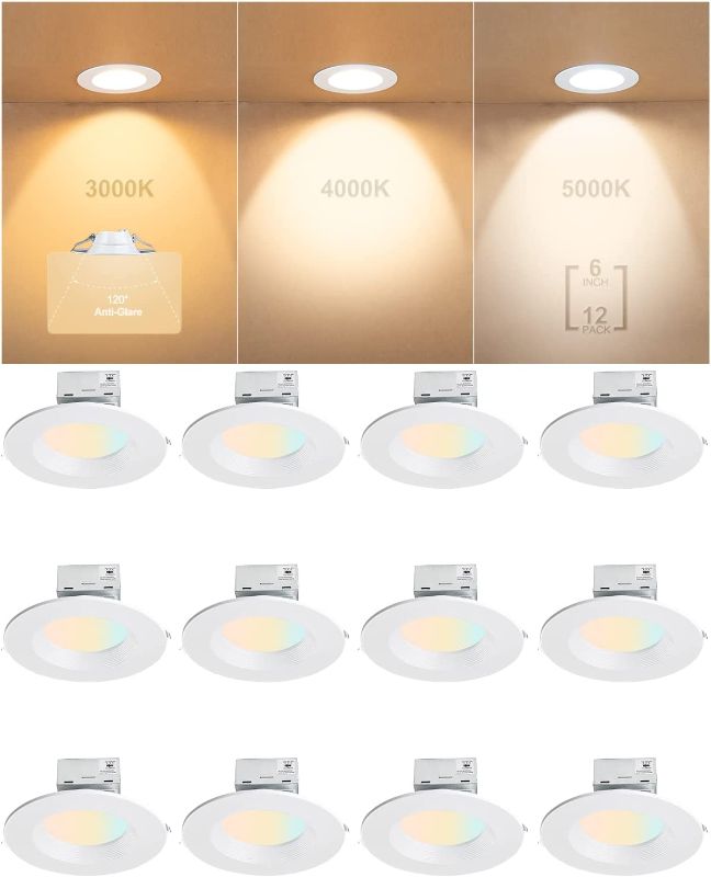 Photo 1 of 12 Pack of LED Recessed Lighting 6 inch CRI90 3CCT 3000K/4000K/5000K LED Can Lights Dimmable Resseced Light Fixtures Can-Killer Downlight Ceiling Light, 1200LM Brightness Slim Pot Canless -IC Rate
