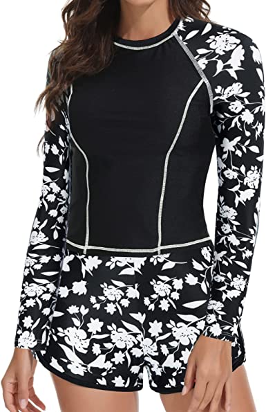 Photo 1 of Kate Kasin Women 2 Piece Swimsuit Long Sleeve Rash Guard Shirt Floral Athletic Bathing Suits with Boyshorts XL