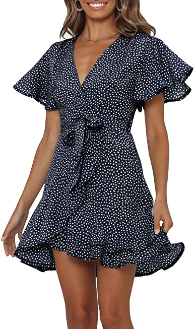 Photo 1 of Chuanqi Womens Polka Dot Wrap V Neck Mini Dress Summer Beach Ruffles Hem Short Dresses with Belt XL