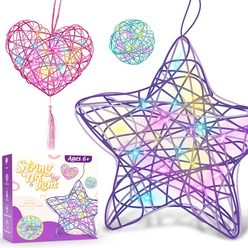 Photo 1 of Careenoah Arts and Crafts for Kids Ages 6-12, 3 Pack 3D String Art Kit for Girls,Christmas Birthday Gifts for 8 9 10 11 12 Year Old Girls and Boys Heart Star Round Lantern 20 Multi-Colored LED Bulbs