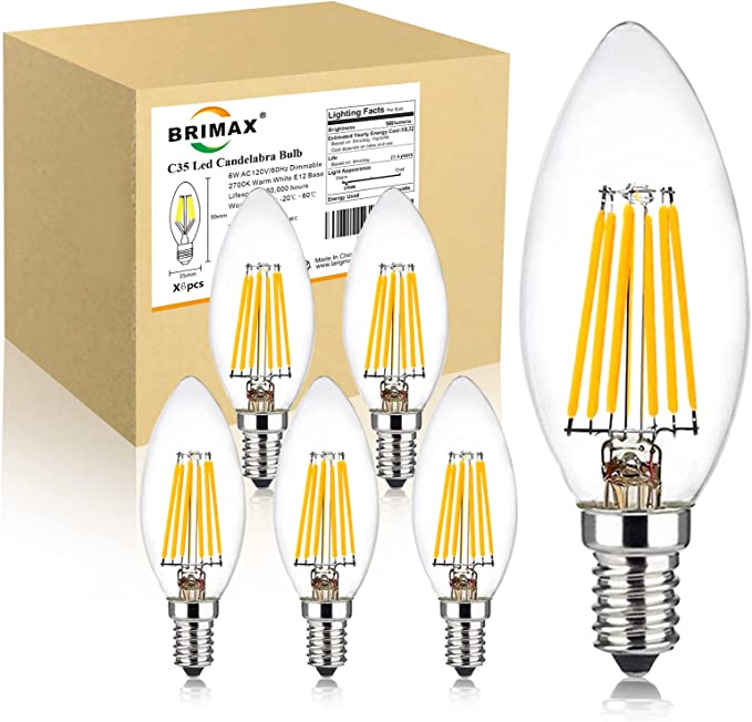 Photo 1 of BRIMAX C35 Led Bulb, 6w Candelabra Led Bulbs Dimmable, E12 Base, 2700K Warm Whit Glow, B10/B11 Filament Led Candle Light Bulbs for Foyer Chandeliers, Celling Fans and Other Wall Fixtures,6 Pack
