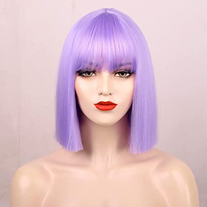 Photo 1 of ENTRANCED STYLES Lavender Purple Bob Wig Colorful Wigs Heat Resistant Fiber Synthetic Wigs Straight Hair With Bangs for Women Daily Use Halloween Cosplay Wig
