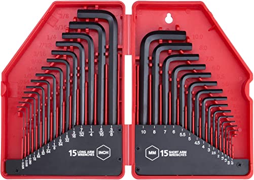 Photo 1 of 30-Piece Premium Hex Key Allen Wrench Set, SAE and Metric Assortment, L Shape, Chrome Vanadium Steel, Precise and Chamfered Tips | SAE 0.028 - 3/8 inch | Metric 0.7 - 10 mm | In Storage Case
