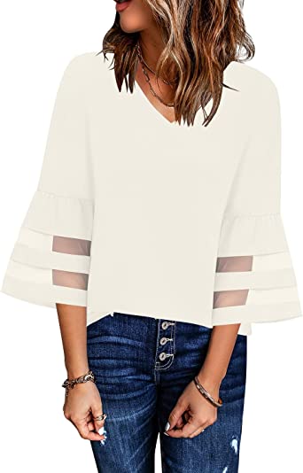 Photo 1 of LookbookStore Womens V Neck Mesh Panel Blouse 3/4 Bell Sleeve Ruffled Flowy Tops
MEDIUM,