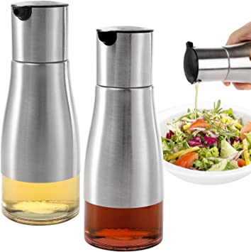 Photo 1 of 2 Pack Silver Olive Oil and Vinegar Dispenser Set, 10OZ Oil Dispenser Cruet with Easy & Drip Free Pouring, Elegant Stainless Steel with Glass Bottom