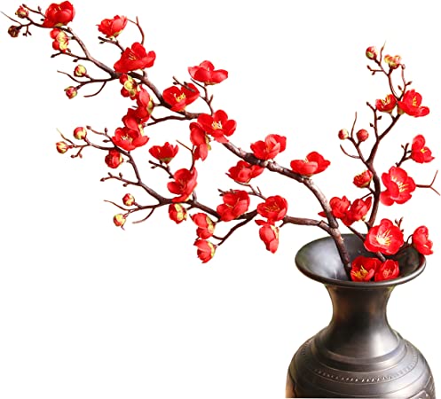 Photo 1 of cn-Knight 3pcs Artificial Cherry Blossom Branches,37 Inch Long Stem Silk Plum Blossom with Buds,Realistic Japanese Apricot for Home Décor Centerpiece Wedding Bouquet,Red
