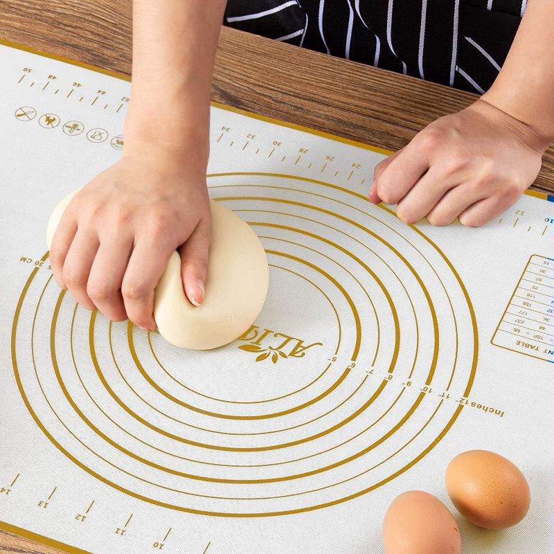 Photo 2 of ALIPOBO Extra Thick Silicone Baking Mat with Measurements, Non Stick Pie Crust Mat, Rolling Cookie Dough Mat, Non Stick Silicone Pastry Mats for Kneading Dough, Counter Mat (L-24'' X 16", Gold)