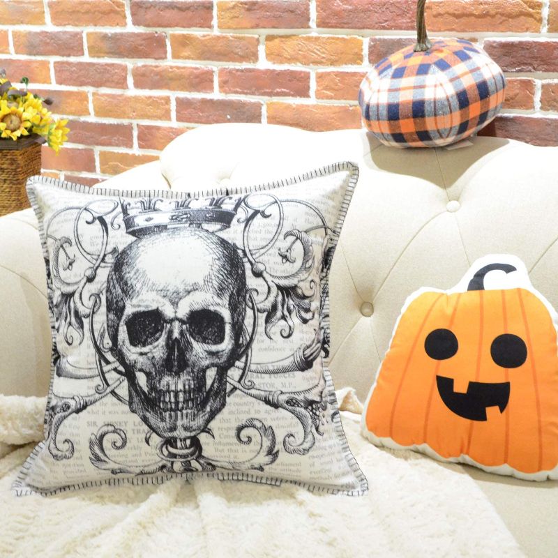 Photo 2 of 1 BHahadidi Halloween Pillow Cover 18x18 Printed Skull Halloween Pillow Cases with Needle lace Halloween Throw Pillow Covers for Halloween Decorations (SINGLE ITEM, NOT A SET)