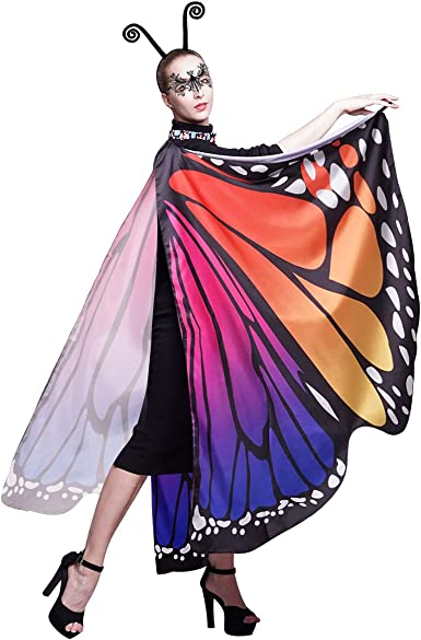 Photo 1 of Butterfly Wings Shawl Halloween Costume Ladies Cape Lace Mask Antenna Headband RAINBOW