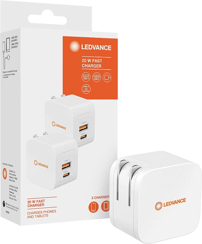 Photo 1 of LEDVANCE 20W Smart Fast Charger with USB A / USB C Port, 2 Device Compact Charger, Apple / Samsung / Huawei Phone Compatible, White - 2 Pack (62371)
