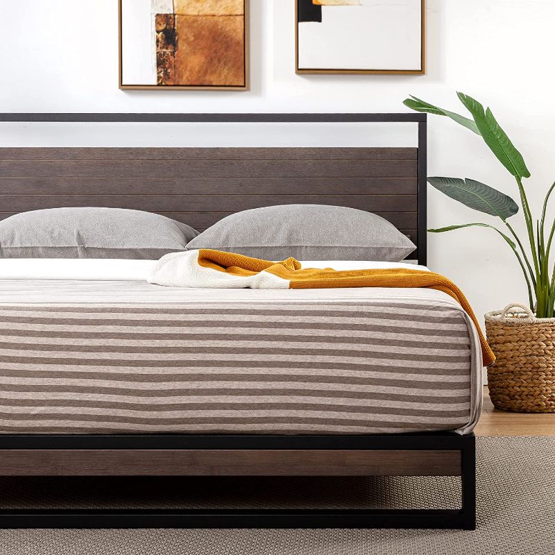 Photo 1 of ZINUS Suzanne 37 Inch Bamboo and Metal Platform Bed Frame / Solid Steel Construction / No Box Spring Needed / Wood Slat Support / Easy Assembly, Grey Wash, Full, PACKAGE DMG, DMG TO PRODUCT AS A RESULT OF SHIPPING 
