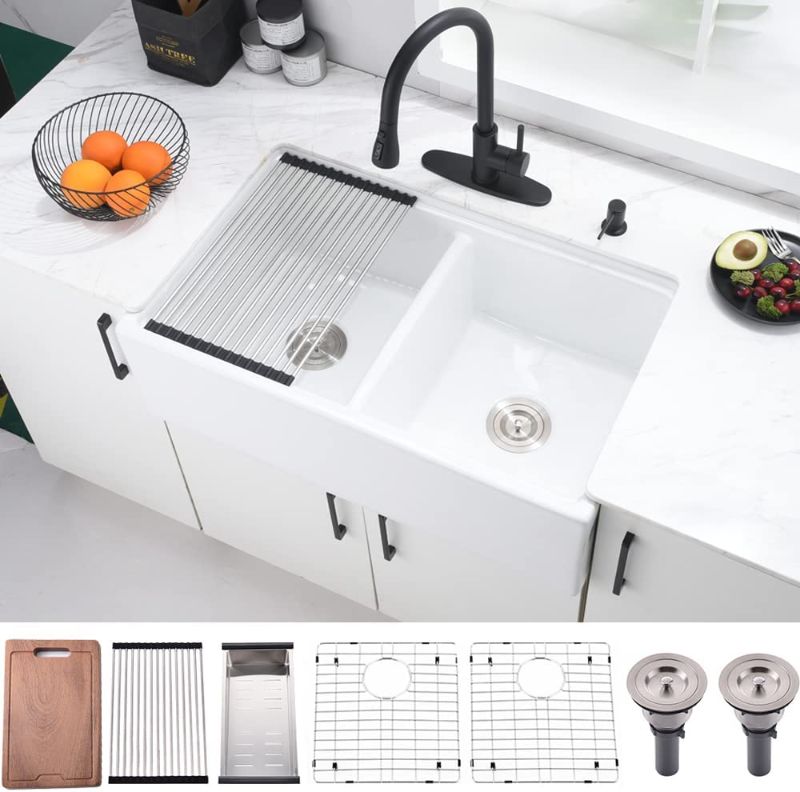 Photo 1 of 33 Inch Double Bowl Farmhouse Sink White-Bokaiya 33x20 Fireclay Farmhouse Apron Sink Workstation Ledge Porcelain Ceramic Reversible 50/50 Double Bowl Kitchen Sink
